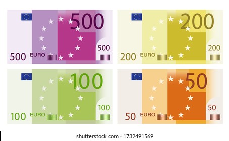 set of banknotes of 500, 200, 100 and 50 euros. Templates for design. Isolated vector on white background