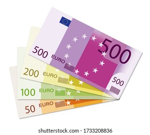 conjunto de billetes de 500, 200, 100 y 50 euros colocados en un ventilador. Plantillas de diseño. Vector aislado sobre fondo blanco