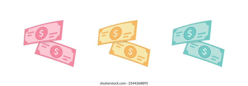 Set of banknotes cash in different colors, vector flat illustration or icon, pink yellow blue