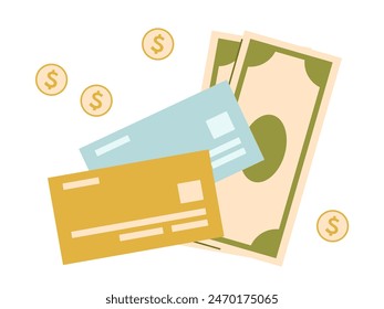 Set of banknotes, coins and credit cards. Vector illustration of money