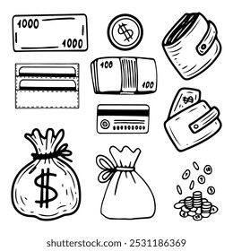 Set of banknotes and coins hand drawn doodle. Cash. Bag of gold. Bank credit card. Mountain of money. Wealth, treasure. Rich. Bank vault. Full wallet. Vector sketch line art illustration.