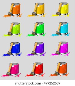  Set of banks with a colorful paint and brush. 