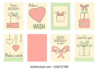 Banner, fondo, volante, cartel con un estilo naif dibujado a mano en color pastel, con inscripción. Etiquetas de cumpleaños para la reserva de recortes. Tarjeta de plantilla de vectores para saludos, decoración, felicitaciones