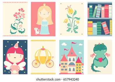 Set of banner, background, flyer, placard, sticker, poster for scrapbooking with cute princess, cat, flower, dragon, fairy, coach. Vector template card for greeting, decoration, congratulation. EPS8
