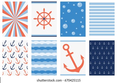 Juego de banner, fondo, volante, cartel, pegatina, afiche para la reserva de recortes en estilo marino con patrón de tiras, rueda, ancla, ondas. Tarjeta de plantilla vectorial para saludos, decoración, invitación. EPS8