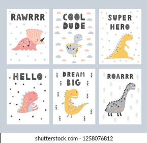 Set Of Banner, Background, Flyer, Sticker,  Placard With Cute Dino. Vector Template Card For Greeting, Decoration, Congratulation, Invitation.