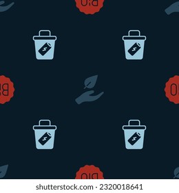 Set Banner for bio, Leaf in hand and Trash can on seamless pattern. Vector