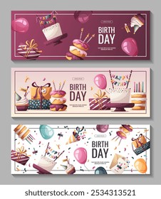 Set of banner with Birthday cakes, gifts, party hat, donuts, cupcake. Birthday party, celebration, congratulations, invitation concept. Vector illustration for promo, advertising, banner. 