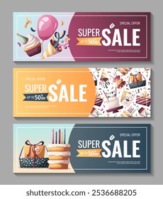 Set of banner with Birthday cakes, gifts, party hat, donuts, cupcake. Birthday party, celebration, congratulations, invitation concept. Vector illustration for promo, advertising, banner. 