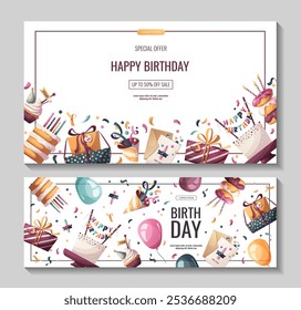 Set of banner with Birthday cakes, gifts, party hat, donuts, cupcake. Birthday party, celebration, congratulations, invitation concept. Vector illustration for promo, advertising, banner. 