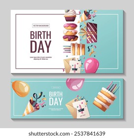 Set of banner with Birthday cakes, gifts, party hat, donuts, cupcake. Birthday party, celebration, congratulations, invitation concept. Vector illustration for promo, advertising, banner. 