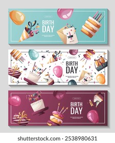 Set of banner with Birthday cakes, gifts, party hat, donuts, cupcake. Birthday party, celebration, congratulations, invitation concept. Vector illustration for promo, advertising, banner. 