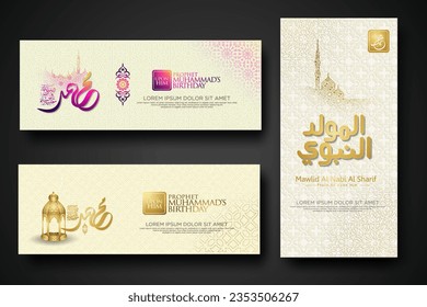 Set banner birthday of the Prophet Muhammad with arabic calligraphy and lantern, crescent moon, silhouette mosque with islamic ornament and textured background. vector illustration.