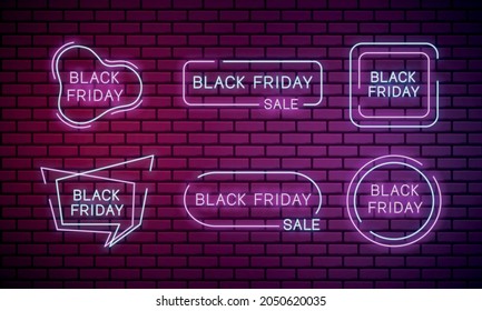 Set of banner for black Friday. Neon sign on brick wall.  Vector illustration.
