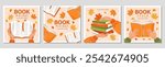 Set of banner for bookstore, library, sale in bookshop, market. People read books with autumn bright leaves. Vector illustration for poster, cover, marketing, sale.