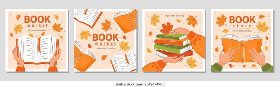 Conjunto de Anuncio para librería, Biblioteca, venta en librería, mercado. Personas leen libros con hojas brillantes de otoño. Ilustración vectorial para cartel, cubierta, comercialización, venta.