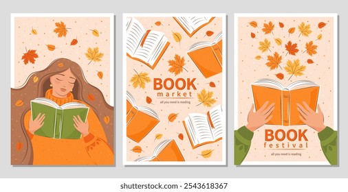 Set of banner for bookstore, library, sale in bookshop, market. Girl reading a book among with autumn bright leaves. Vector illustration for poster, cover, marketing, sale.