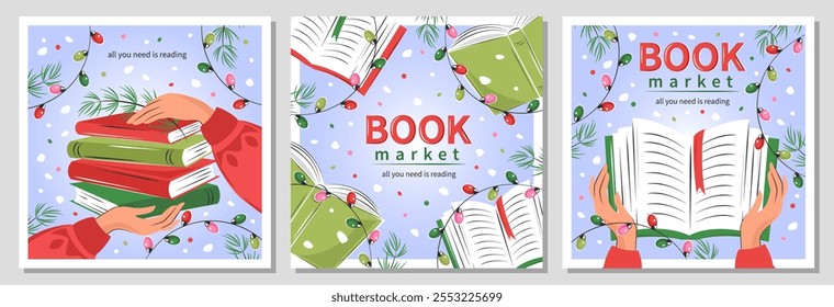 Set of banner for bookstore, library, sale in bookshop, market. People read books with winter decor, garlands, Christmas tree and snow. Vector illustration for poster, cover, sale.