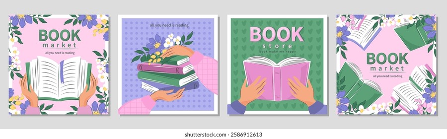 Set of banner for bookstore, library, sale in bookshop, market. People read books. Spring summer floral background. Vector illustration for poster, cover, marketing, sale.