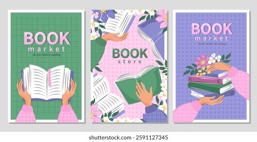 Set of banner for bookstore, library, sale in bookshop, market. People read books. Spring summer floral background. Vector illustration for poster, cover, marketing, sale.