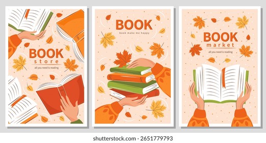 Set of banner for bookstore, library, sale in bookshop, market. People read books with autumn bright leaves. Vector illustration for poster, cover, marketing, sale.