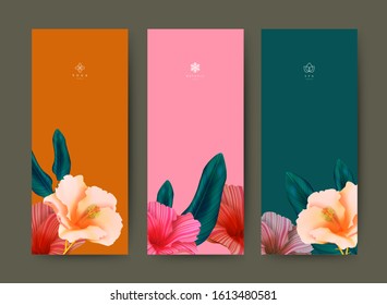 Set of Banner for branding Packageing. Hibiscus Flower nature background, logo banner voucher, spring summer tropical, vector illustration