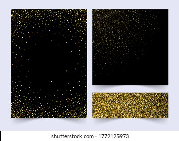 
Set of banner, brochure, invitation. Golden glitter dust. Spray particle gold texture.