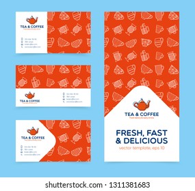 Set of banner and card template with logo badge and outline pattern of cup and mug. Flyer poster illustration with your text for cafe, tea shop, bar, restaurant, menu, promotion. Vector illustration