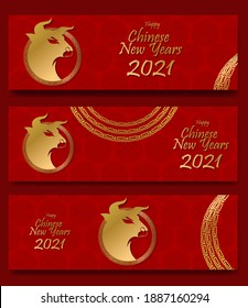 Set Banner Chinese New Year 2021 year buffalo, golden buffalo characters, flowers and Asian flowers elements in the background.