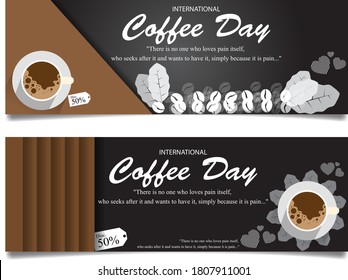 set of banner for coffee with coffee beans, coffee leaves and a cup of coffee