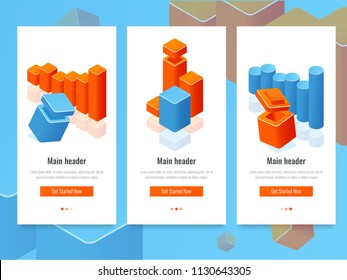 Set of banner with colorful bar chart and diagram, business analytics and information statistic isometric vector illustration