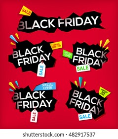 Set of banner with cracked hole in wall with Black Friday inscription for sale and discount.