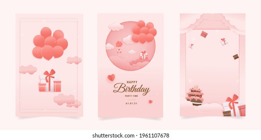 Set banner Decorated birthday card beautiful three gift box, balloon in the could paper style, paper cut, and papercraft. gift box hanging on the wall decorated with clouds and cake. Sweet pink.