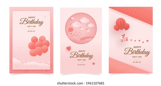 Set banner Decorated birthday card beautiful three gift box, balloon in the could paper style, paper cut, and papercraft. gift box hanging on the wall decorated with clouds and cake. Sweet pink.