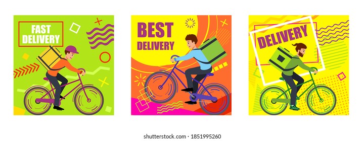 Set Banner delivery with courier on bike. Text Fast delivery and Best delivery. Modern design web banner for social media mobile apps. Bright promo backgrounds with abstract geometric elements.