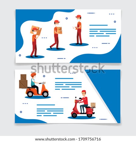 set banner with delivery workers and icons vector illustration design