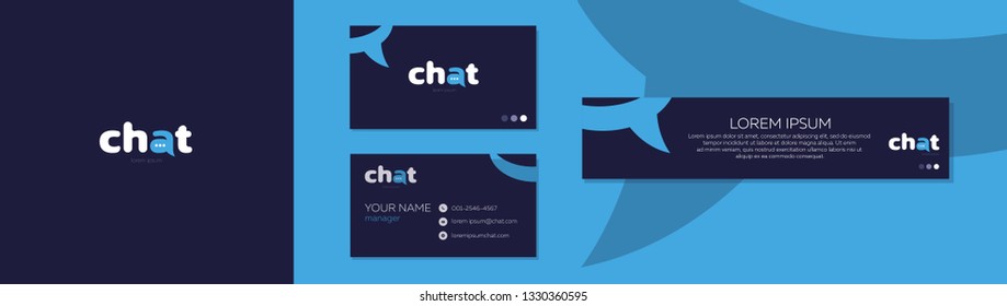 Set of banner design, business card, logo, chat message for mobile applications in blue tan on a blue background.