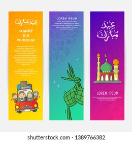 set banner design eid mubarak, eid mubarak is happy islamic big day, arabic calligraphy is mean happy islamic big day