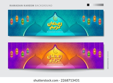 set of banner design with gradient color background for Holy month Ramadan celebration. Calligraphy mean Ramadan Kareem. 