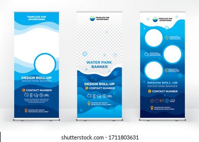 A set of banner design options for water Parks, pool advertising, and water recreation, modern graphic design, abstract wave
