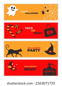 Set of banner design and web site headers Happy halloween, halloween party, trick or treat. With elements web, bats, black cat, halloween color, candy bag, candy, ghost, moon. 