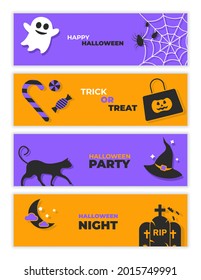 Set of banner design and website headers Happy Halloween, Halloween party, trick or treat. With elements web, bats, black cat, Halloween color, candy bag, candy, ghost, moon. Vector flat illustration.