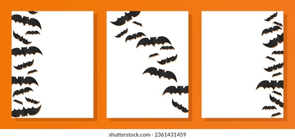 Set of banner designs for Happy Halloween with bats. White templates on orange background. Vector