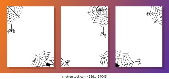 Set of banner designs for Happy Halloween with cobwebs and spiders. White templates on orange gradient background. Vector