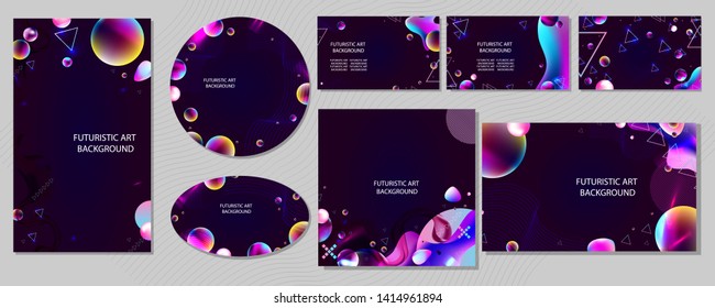 Set of banner different forms style of cosmos universe stars galaxy 3d futuristic study trip. Background modern starry glowing abstraction planet neon