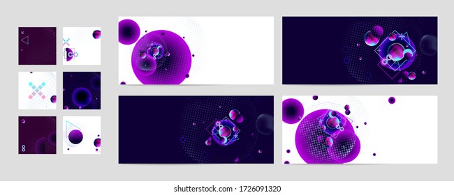 Set of banner different forms style of cosmos universe stars galaxy dark blue 3d futuristic study trip. Background abstraction planet neon