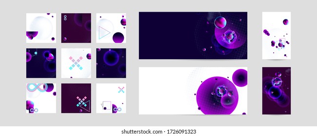 Set of banner different forms style of cosmos universe stars galaxy dark blue 3d futuristic study trip. Background abstraction planet neon