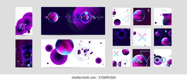 Set of banner different forms style of cosmos universe stars galaxy dark blue 3d futuristic study trip. Background abstraction planet neon