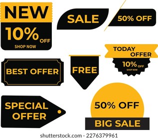 Set of banner elemants, discount tag collection, special offer. Modern yellow and black sale website stickers on a white background. Color web page design.market flags
