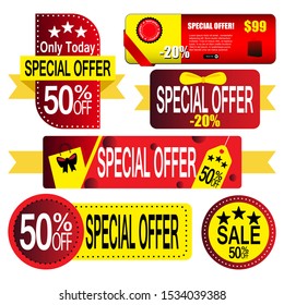 Set of banner elements, discount tag collection, special offer. Modern yellow and red sale website stickers.